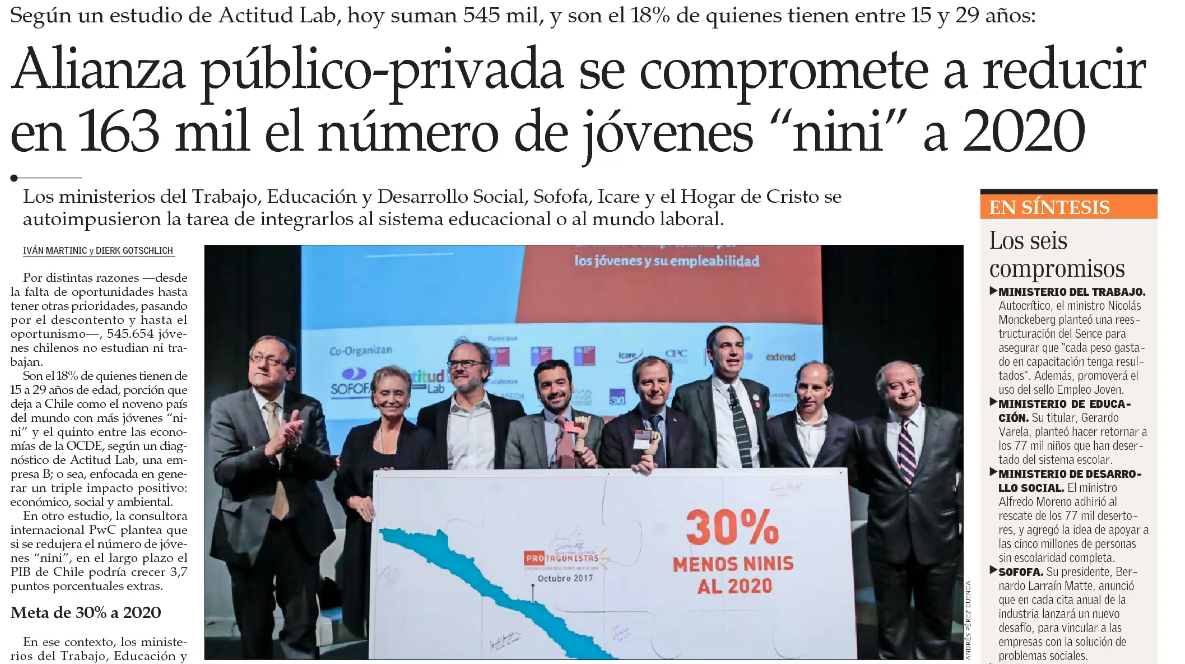 Alianza público – privada se compromete a reducir los NINIS en un 30% al 2020, El Mercurio ¡Ver más acá! + link: