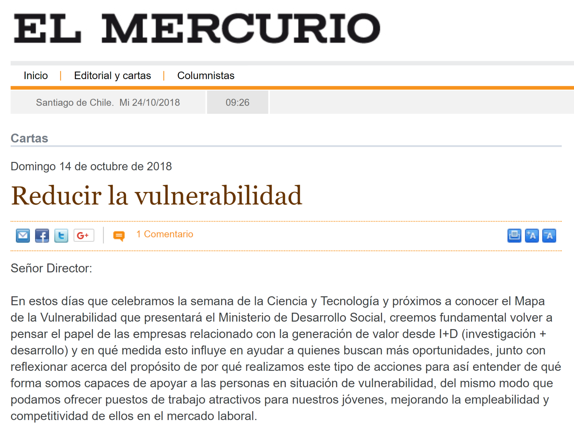 Carta al Director, El Mercurio - Octubre 2018